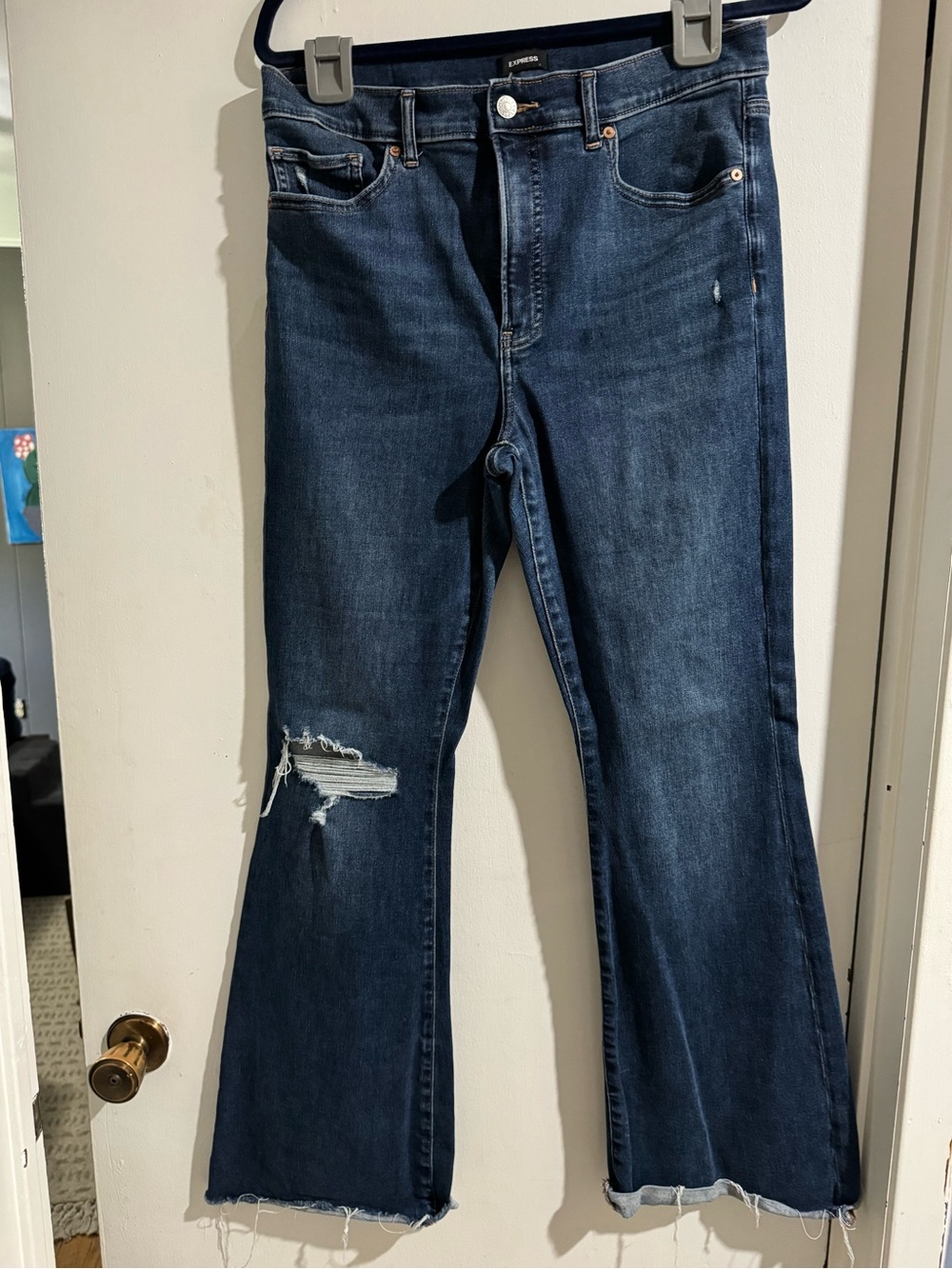 Express High Rise Flare Jeans Dark Wash Distressed Size 12R